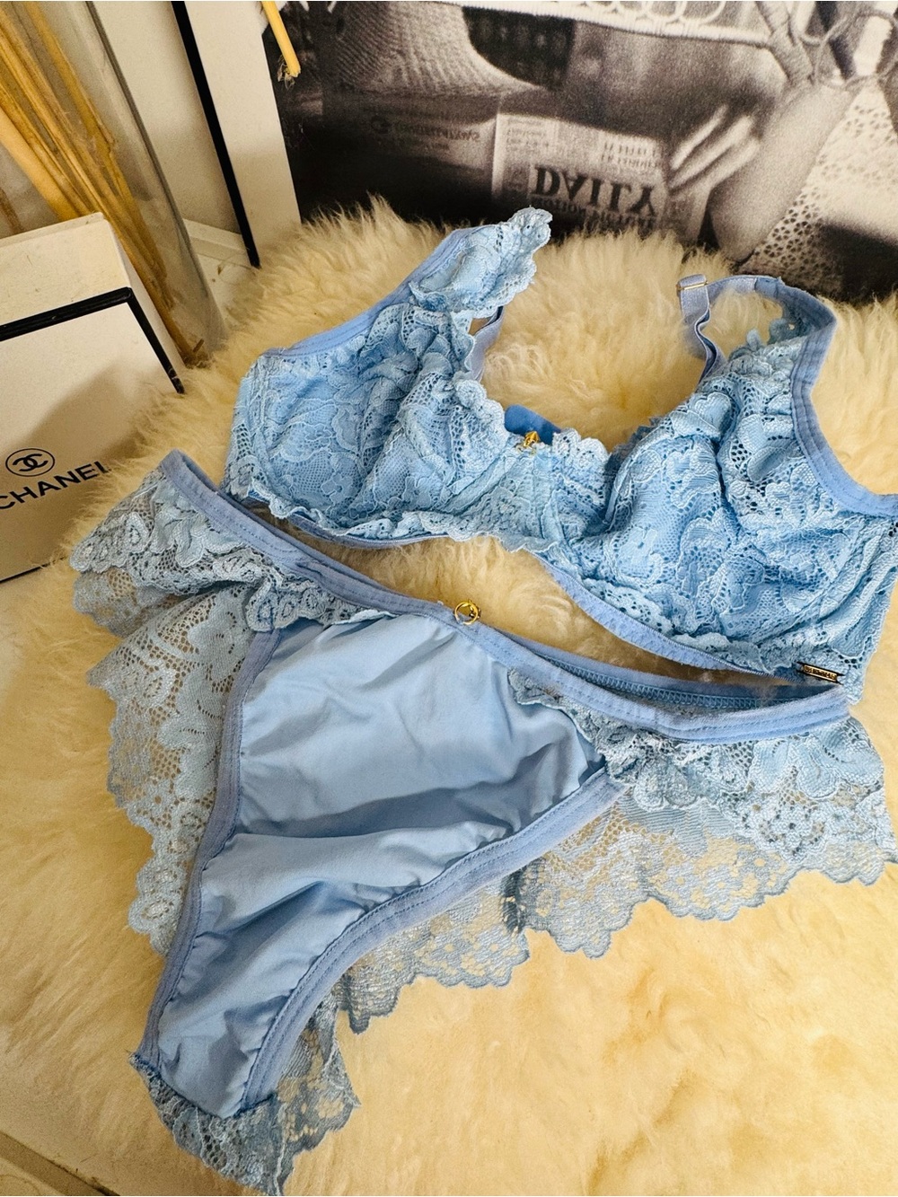 Chiffon Lace Light Blue Bra & Bikini Set - Women's Intimates